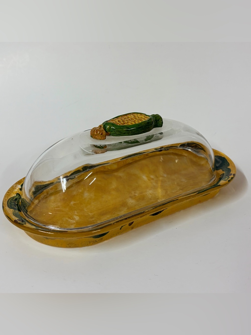 Vintage Corn Butter Dish Handpainted Farm Country Grandma Decor Glass Butta Dish